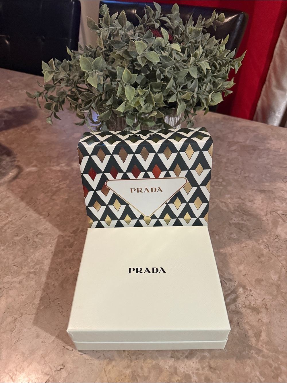 Prada Cream Box with Geometric Multicolor Sleeve